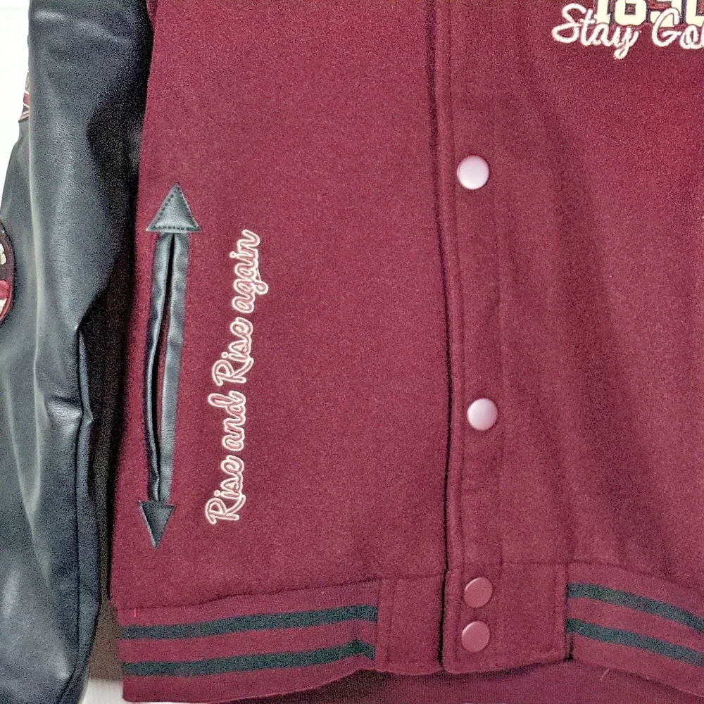 Ring of Fire Boys Varsity Jacket Med Burgundy Black Faux Leather Sleeve CA Bear